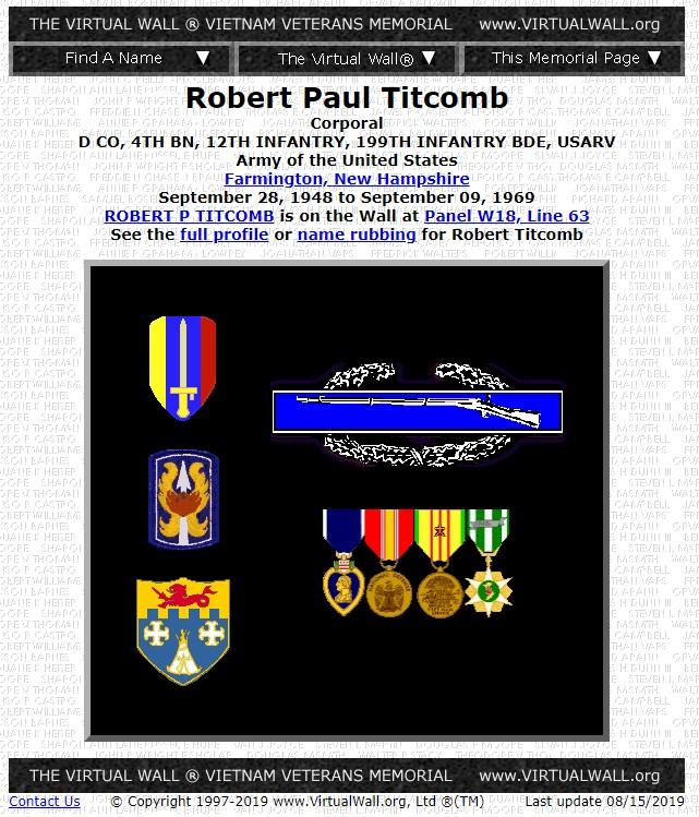 Robert Paul Titcomb Farmington NH Vietnam War Casualty