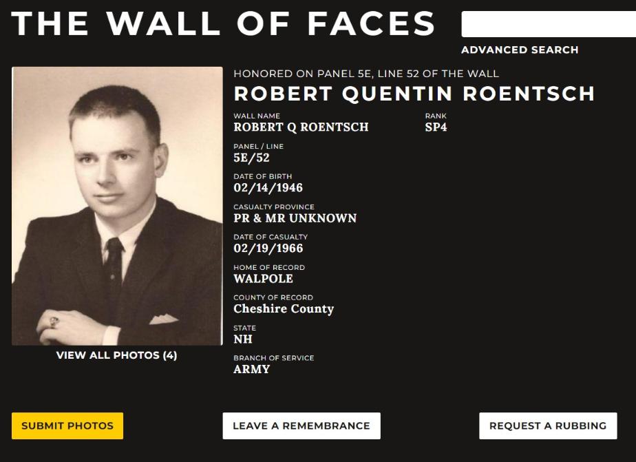 Robert Quentin Roentsch Walpole NH Vietnam War Casualty