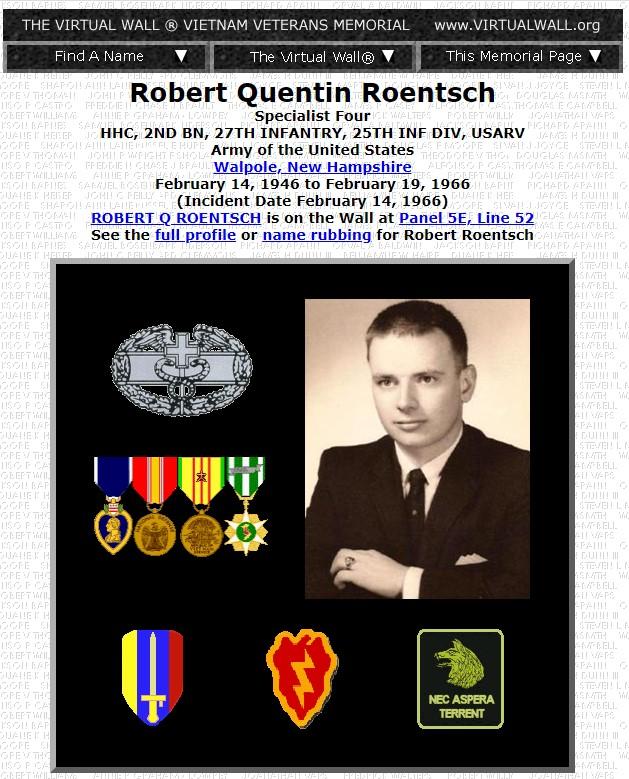 Robert Quentin Roentsch Walpole NH Vietnam War Casualty