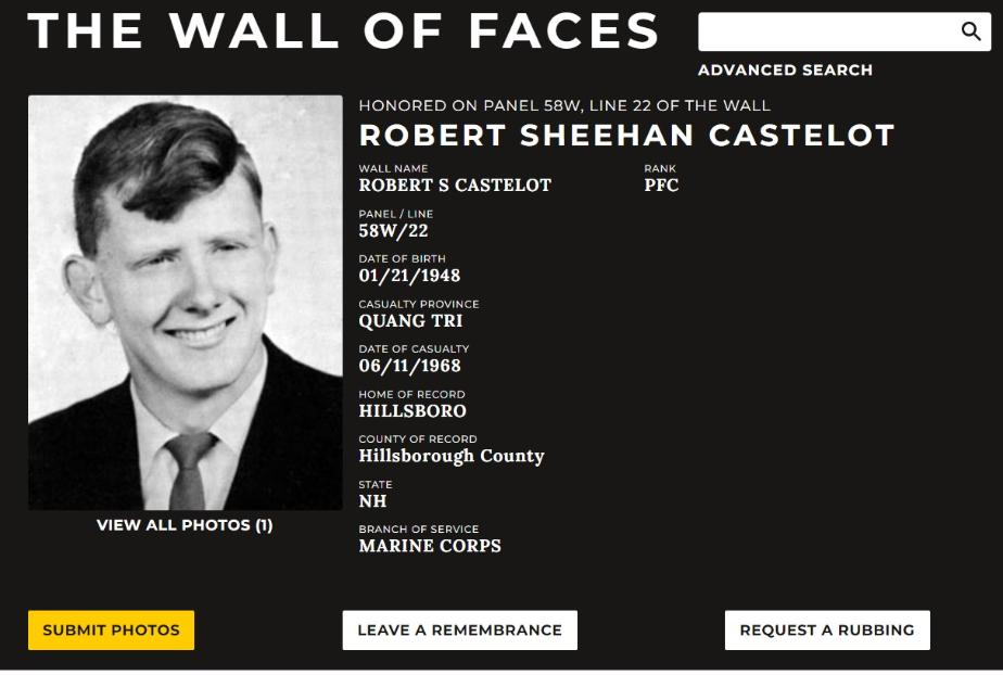 Robert Sheehan Castelot Hillsborough NH Vietnam War Casualty