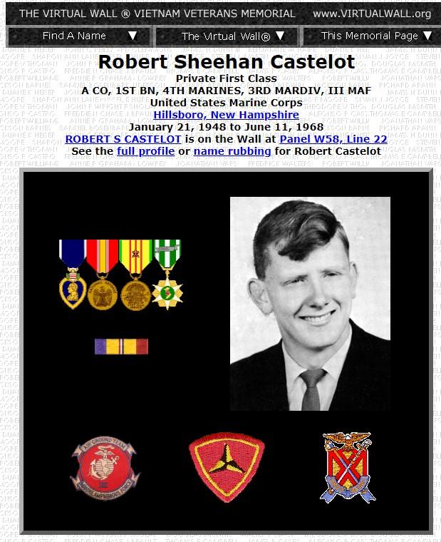 Robert Sheehan Castelot Hillsborough NH Vietnam War Casualty