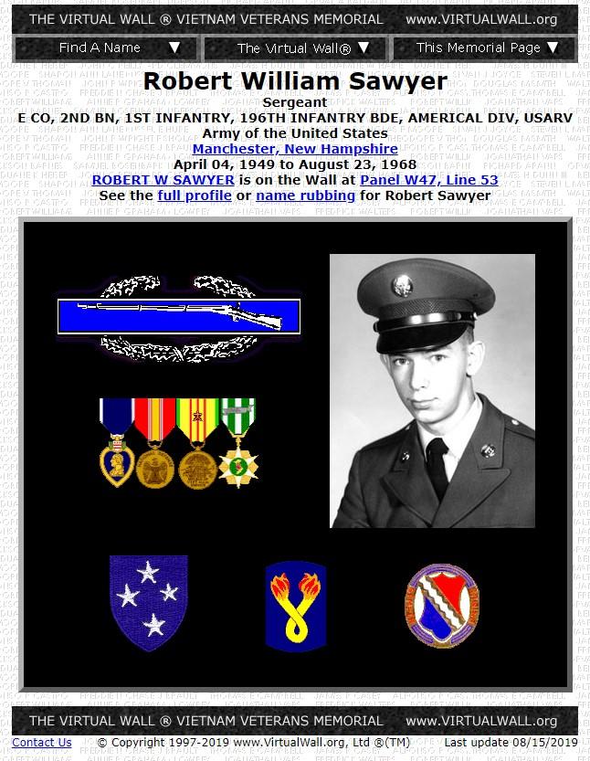 Robert William Sawyer Manchester NH Vietnam War Casualty