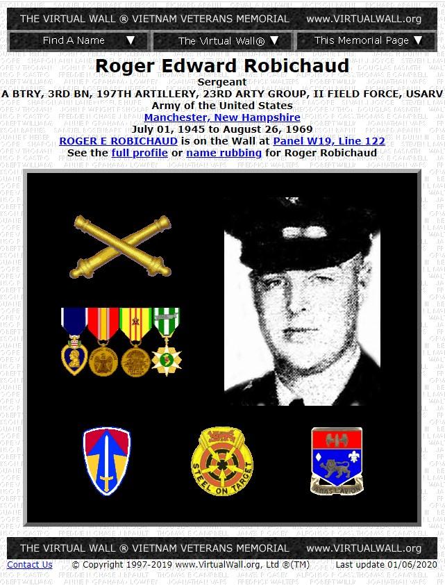 Roger Edward Robichard Manchester NH Vietnam War Casualty