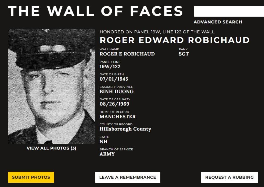 Roger Edward Robichard Manchester NH Vietnam War Casualty