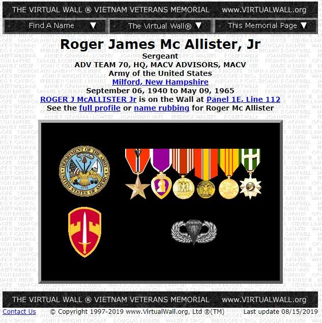 Roger James McAllister Jr Milford NH Vietnam War Casualty