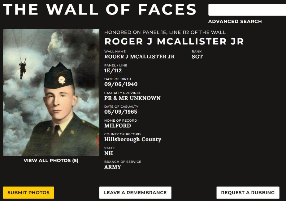 Roger James McAllister Jr Milford NH Vietnam War Casualty