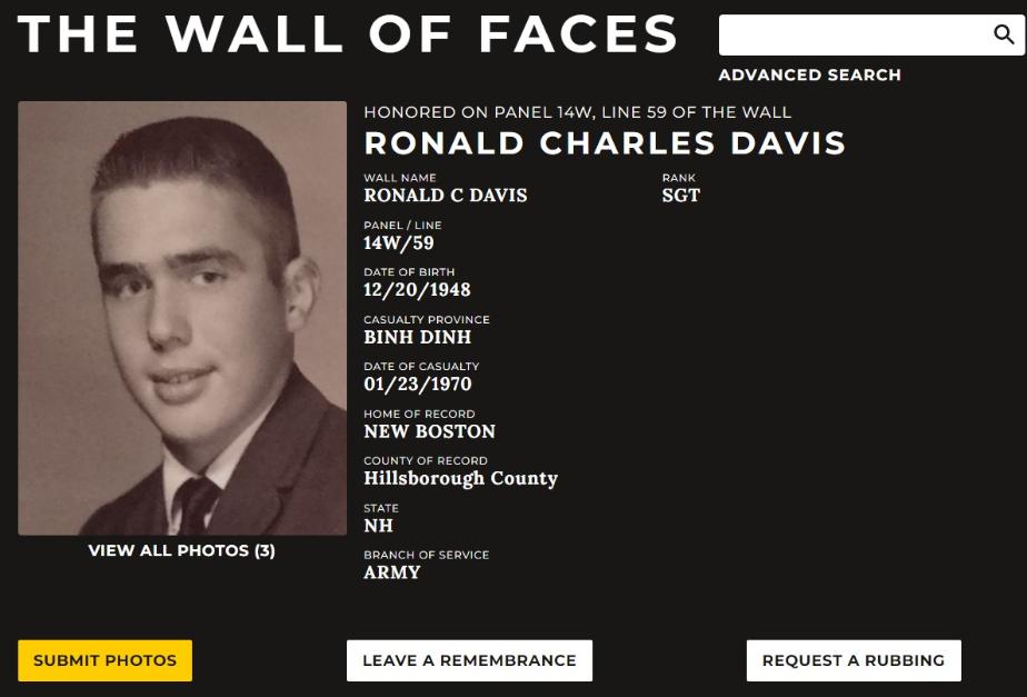Ronald Charles Davis New Boston NH Vietnam War Casualty