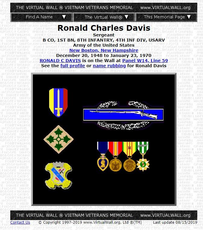 Ronald Charles Davis New Boston NH Vietnam War Casualty