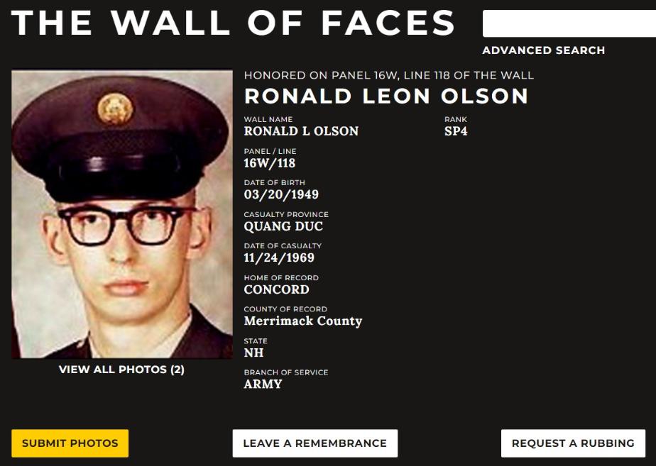 Ronald Leon Olson Concord NH Vietnam War Casualty