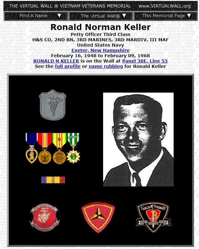 Ronald Norman Keller - Exeter NH Vietnam War Casualty