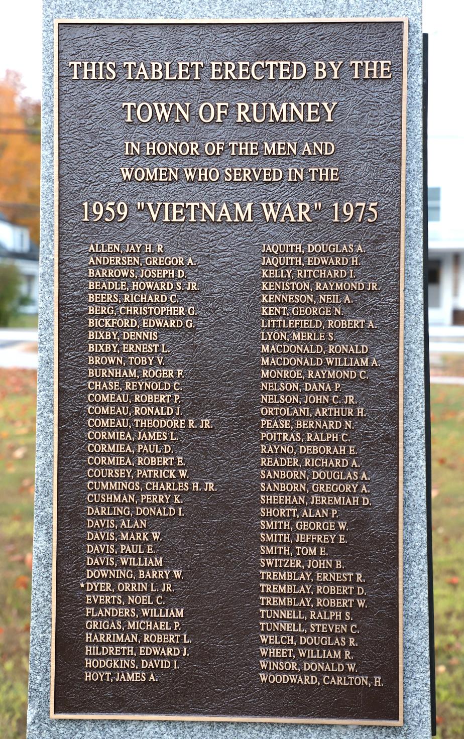 Orrin Leonard Dyer Jr Rumney NH Vietnam War Casualty Rumney Vietnam War Honor Roll