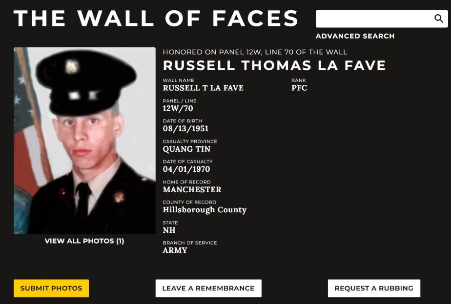 Russell Thomas La Fave Manchester NH Vietnam War Casualty