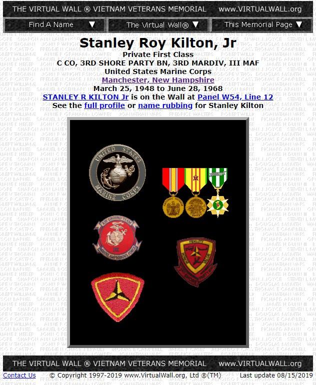 PFC Stanley Roy Kilton JR Manchester NH Vietnam Casualty