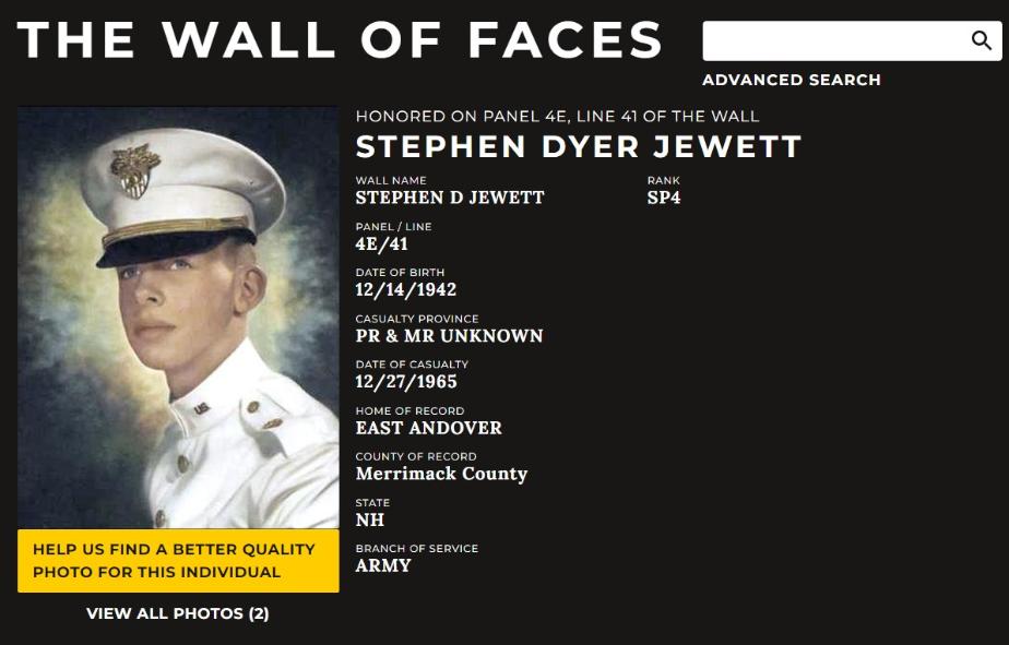 Stephen Dyer Jewett East Andover NH Vietnam War Casualty