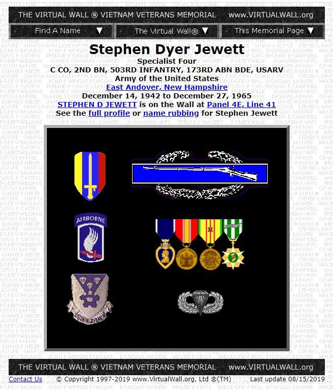 Stephen Dyer Jewett East Andover NH Vietnam War Casualty