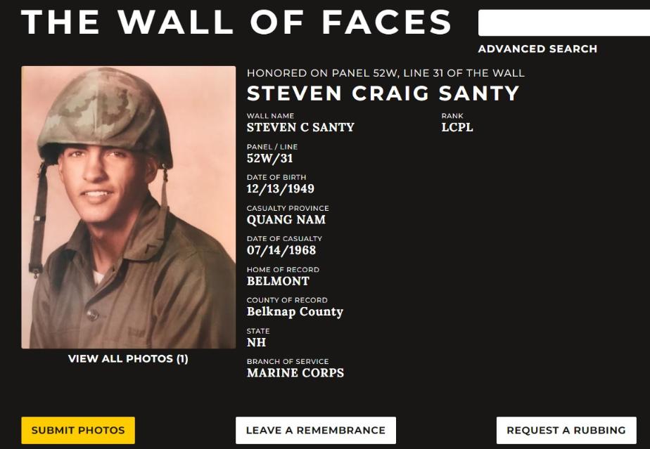 Steven Craig Santy Belmont NH Vietnam War Casualty