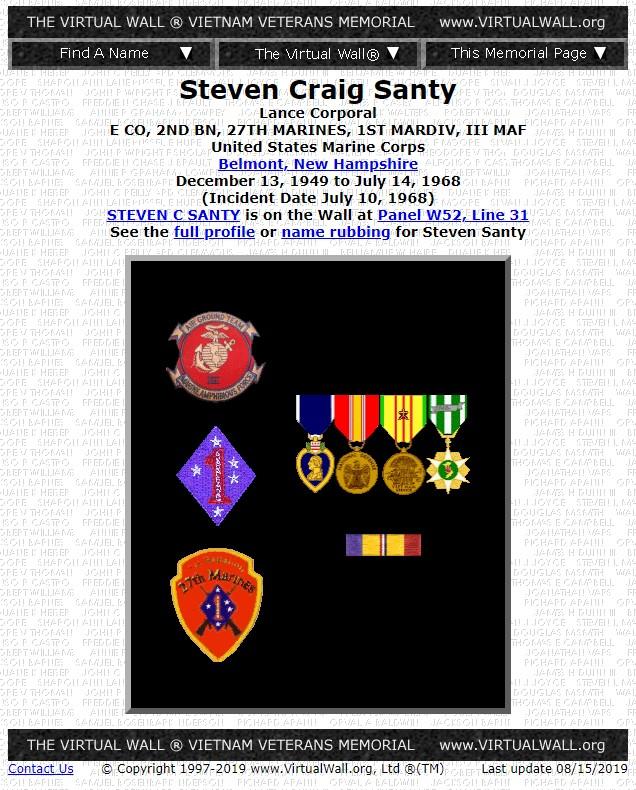 Steven Craig Santy Belmont NH Vietnam War Casualty