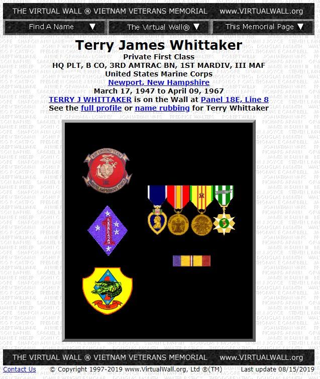 PFC Terry James Whittaker Newport NH Vietnam Casualty