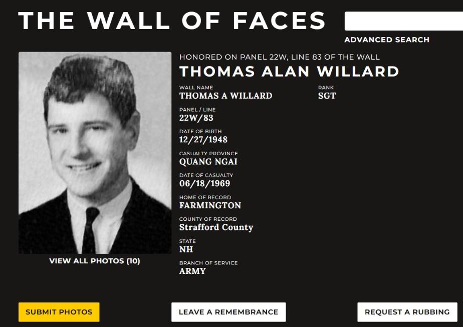 Thomas Alan Willard Farmington NH Vietnam War Casualty