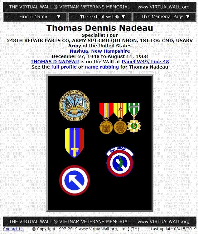 Thomas Dennis Nadeau Nashua NH Vietnam War Casualty