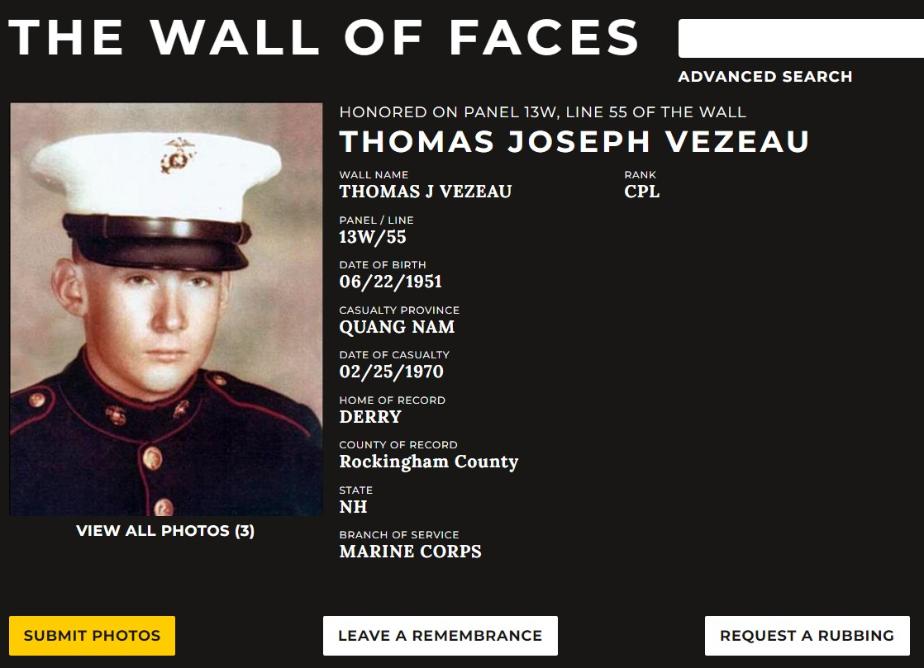Thomas Joseph Vezeau Derry NH Vietnam War Casualty