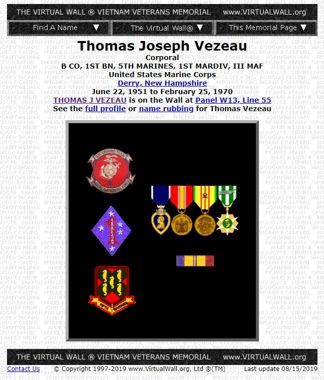 Thomas Joseph Vezeau Derry NH Vietnam War Casualty
