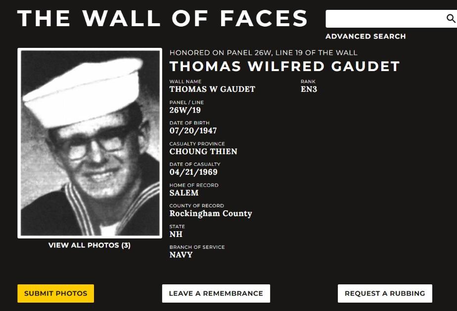 Thomas Wilfred Gaudet Salem NH Vietnam War Casualty