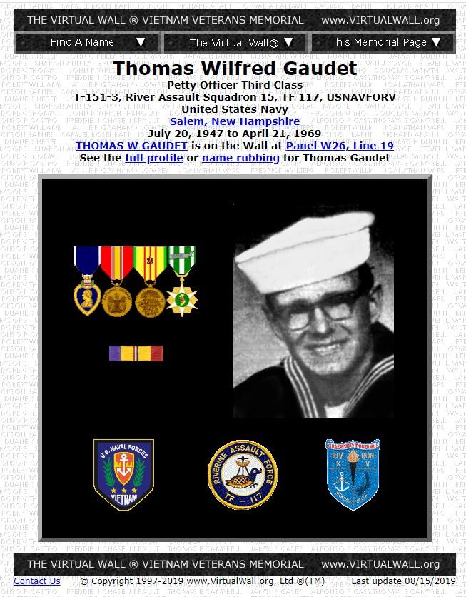 Thomas Wilfred Gaudet Salem NH Vietnam War Casualty