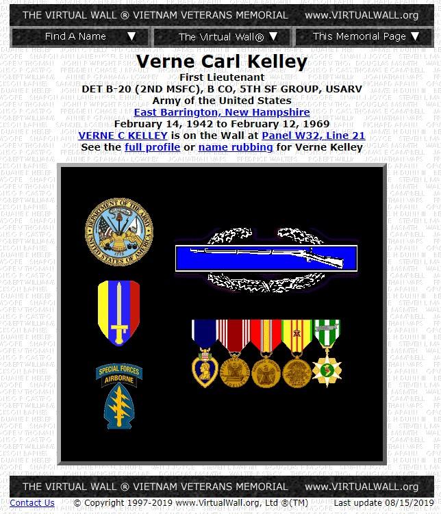Verne Carl Kelley East Barrington NH Vietnam War Casualty