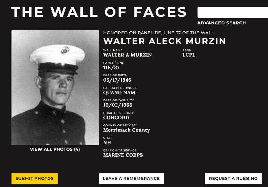 Walter Alec Murzin Concord NH Vietnam War Casualty