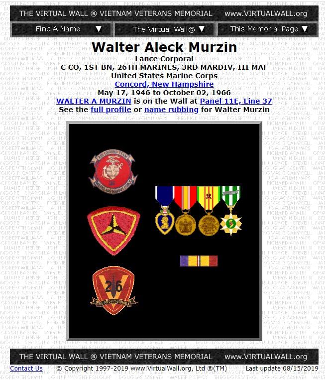 Walter Alec Murzin Concord NH Vietnam War Casualty