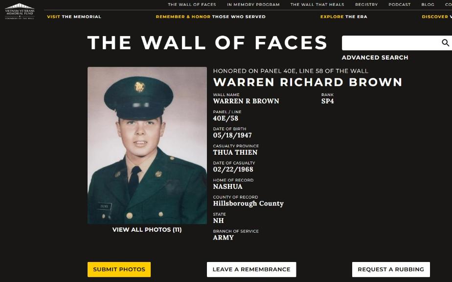 Warren Richard Brown Nashua NH Vietnam War Casualty