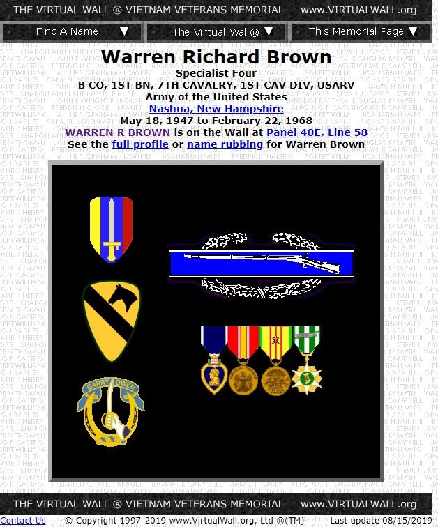 Warren Richard Brown Nashua NH Vietnam Casualty