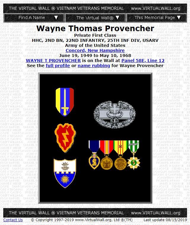 Wayne Thomas Provencher Concord NH Vietnam War Casualty