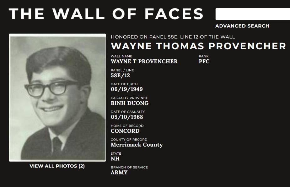 Wayne Thomas Provencher Concord NH Vietnam War Casualty