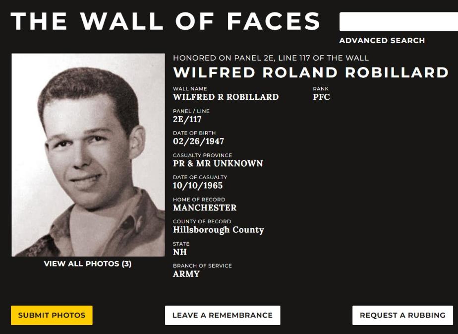 Wilfred Rolland Robillard Manchester NH Vietnam War Casualty