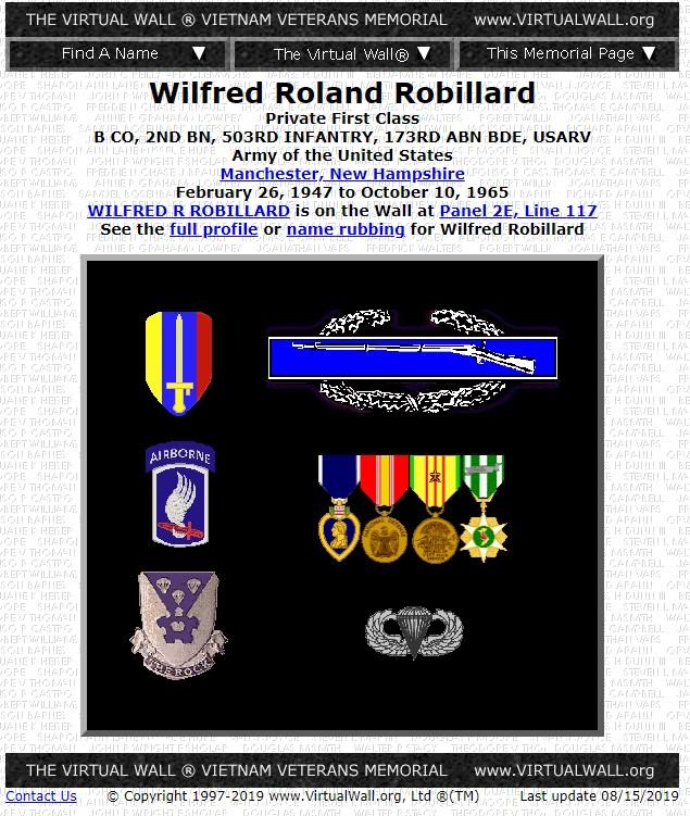 Wilfred Rolland Robillard Manchester NH Vietnam War Casualty
