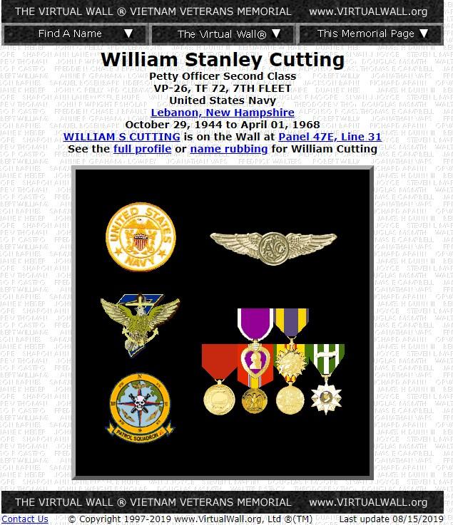 William Stanley Cutting NH Vietnam War Casualty Lebanon NH