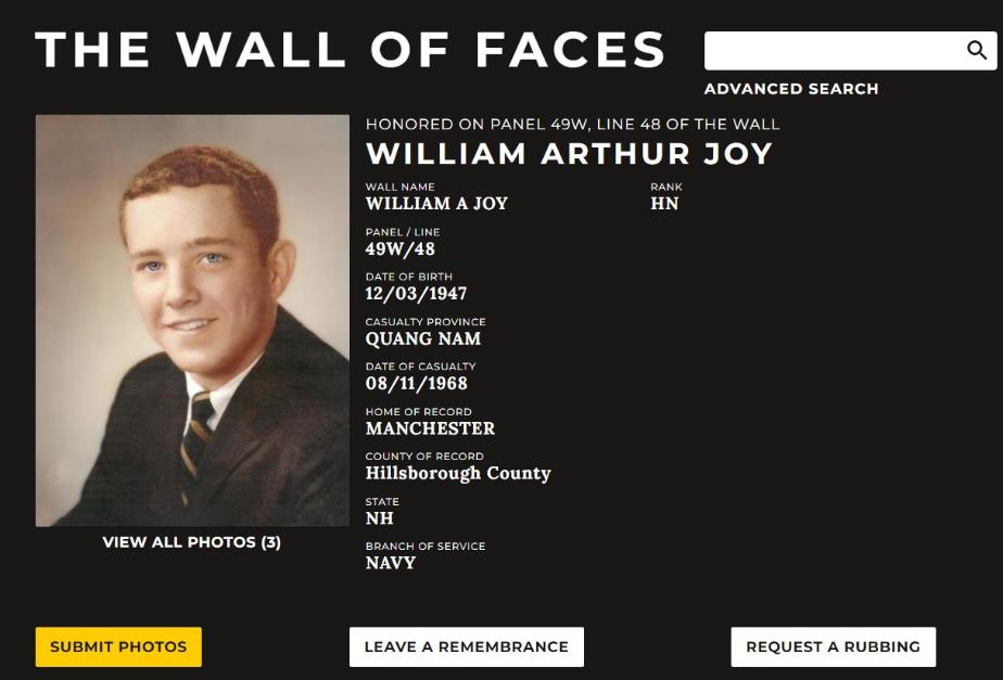 William Arthur Joy Manchester NH Vietnam Casualty