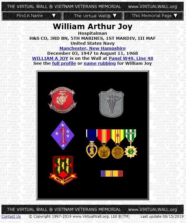 William Arthur Joy Manchester NH Vietnam Casualty