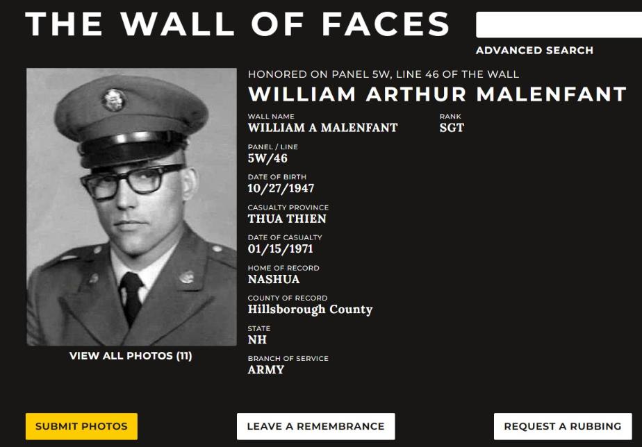 William Arthur Malenfant Nashua NH Vietnam War Casualty