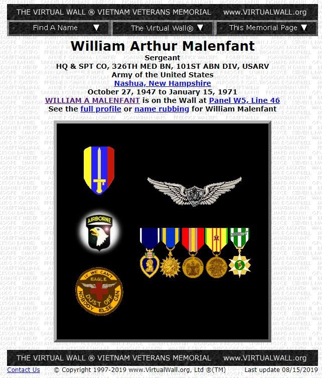 William Arthur Malenfant Nashua NH Vietnam War Casualty
