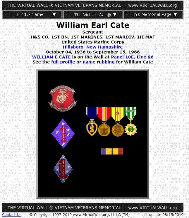 William Earle Cate Hillsborough NH Vietnam War Casualty