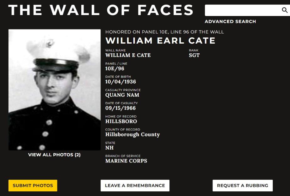 William Earle Cate Hillsborough NH Vietnam War Casualty