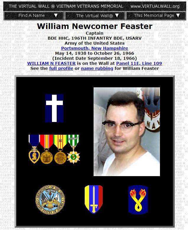 William Newcomer Feaster Portsmouth NH Vietnam War Casualty