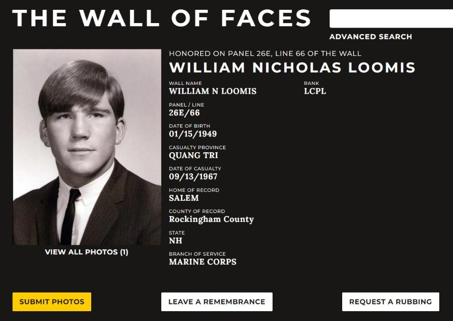 William Nicholas Loomis Salem NH Vietnam War Casualty
