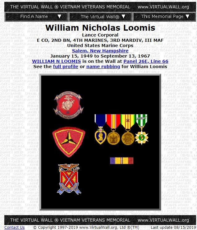 William Nicholas Loomis Salem NH Vietnam War Casualty