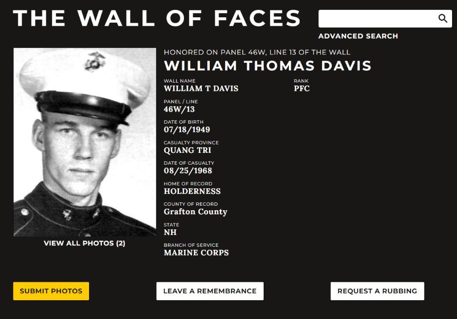 William Thomas Davis Holderness NH Vietnam War Casualty