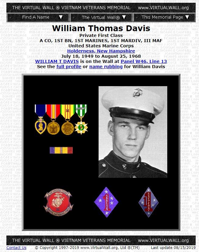 William Thomas Davis Holderness NH Vietnam War Casualty