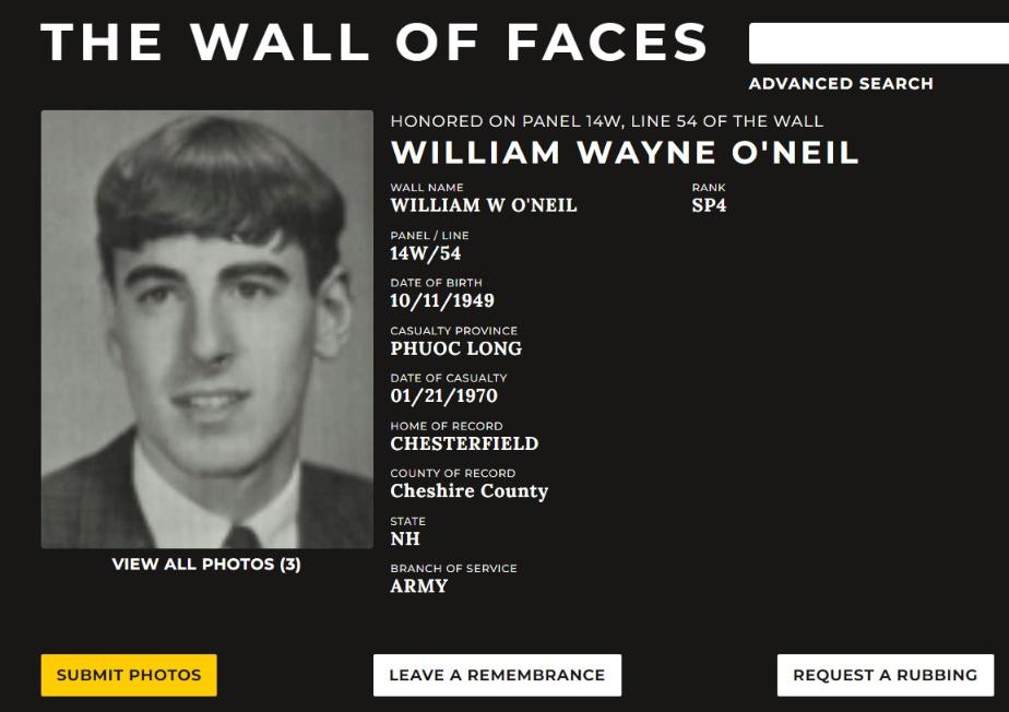 William Wayne O.Neil Chesterfield NH Vietnam War Casualty